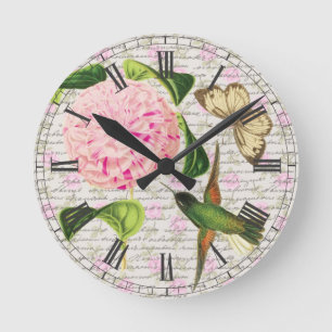 Reloj Redondo Mediano Mariposa y Caryophyllus del colibrí del vintage