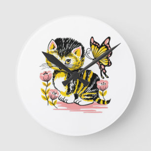 Reloj Redondo Mediano Mariposa y gatitos