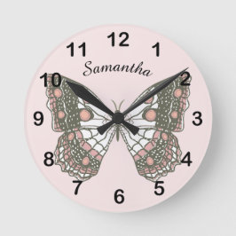 Reloj Redondo Mediano Mariposa y nombre personalizado en rosa suave