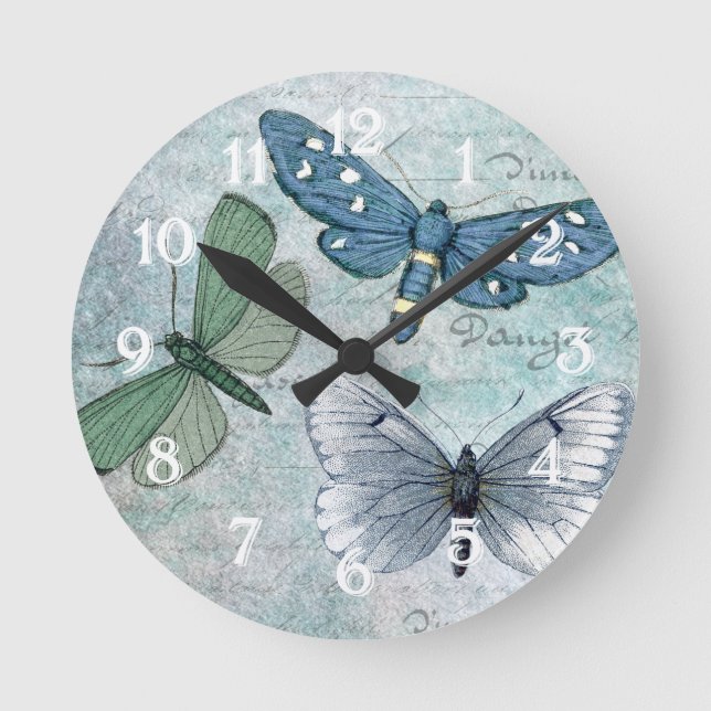 Reloj Redondo Mediano Mariposas antiguas Grunge Francés (Anverso)