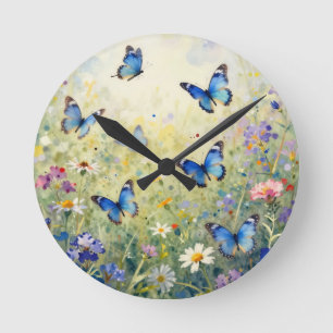 Reloj Redondo Mediano Mariposas Azules Acuarela Prado de Flores Silvestr