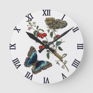 Reloj Redondo Mediano Mariposas Azules Vintage y Frutas Rojas