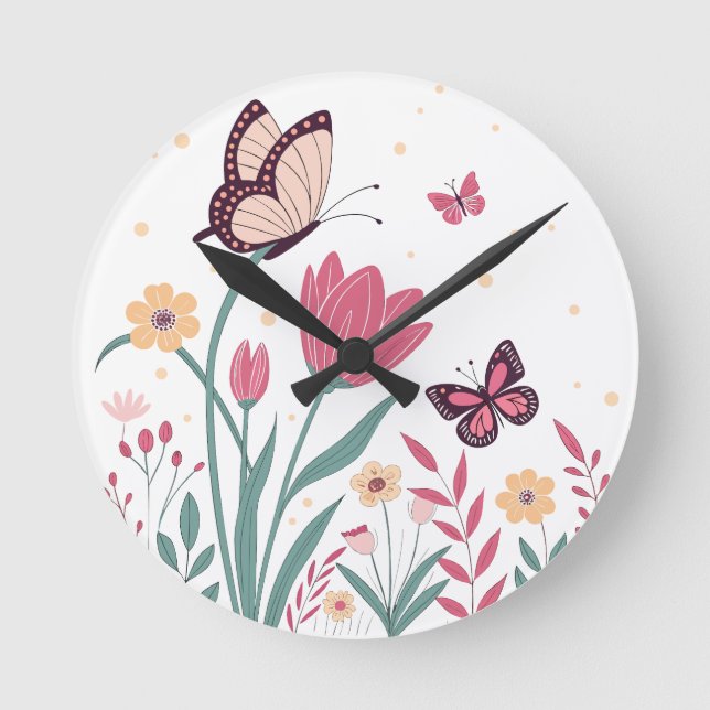 Reloj Redondo Mediano Mariposas con tulipanes rosados y margaritas amari (Anverso)