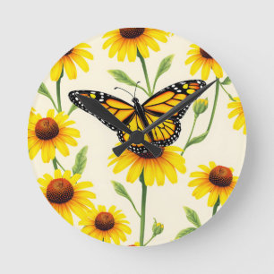 Reloj Redondo Mediano Mariposas Monarca Patrón de Margaritas Amarillas