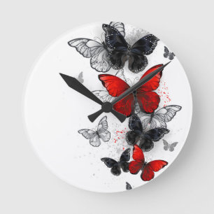 Reloj Redondo Mediano Mariposas Morpho voladoras negras y rojas