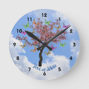 Reloj Redondo Mediano Mariposas y árbol floreado personalizado 