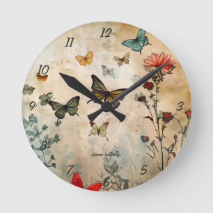 Reloj Redondo Mediano Mariposas y corazón rojo