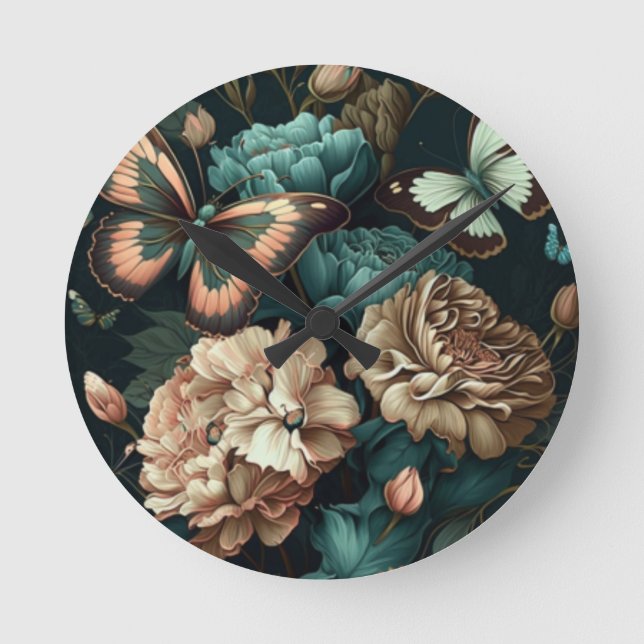 Reloj Redondo Mediano Mariposas y flores diseño clásico oscuro (Anverso)