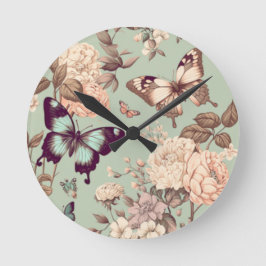 Reloj Redondo Mediano Mariposas y flores verde claro pastel