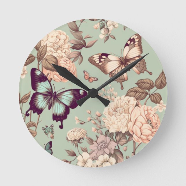 Reloj Redondo Mediano Mariposas y flores verde claro pastel (Anverso)