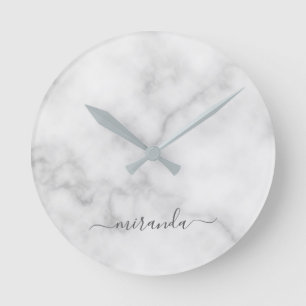 Reloj Redondo Mediano Mármol blanco con el nombre personalizado del guió