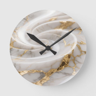 Reloj Redondo Mediano Mármol Blanco con Patrón de Remolino Dorado