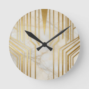 Reloj Redondo Mediano Mármol Blanco de Lujo Patrón Geométrico Dorado