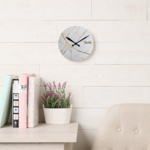 Reloj Redondo Mediano Mármol blanco y oro moderno lujo minimalista