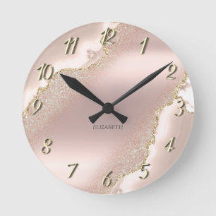 Reloj Redondo Mediano Mármol de purpurina dorada rosa elegante chic