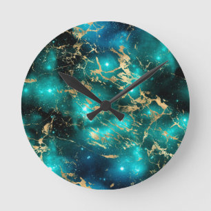 Reloj Redondo Mediano Mármol Espacial Negro Verde Noche Estrellada Dorad