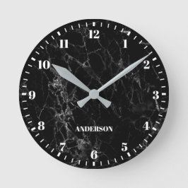 Reloj Redondo Mediano Mármol Negro Nombre Personalizado Números Clásicos