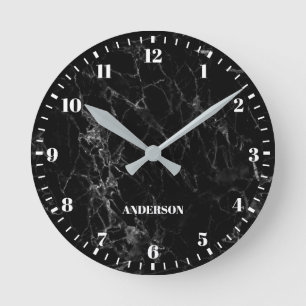 Reloj Redondo Mediano Mármol Negro Nombre Personalizado Números Clásicos