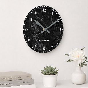 Reloj Redondo Mediano Mármol Negro Nombre Personalizado Números Clásicos