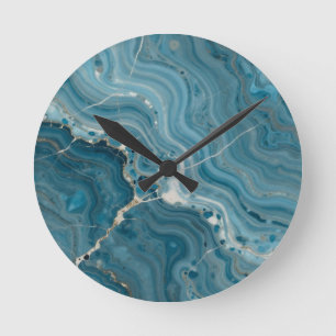 Reloj Redondo Mediano Mármol Vena de Oro Ágata Azul