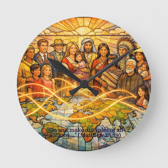 Reloj Redondo Mediano Matthew 28:19 Stained‑Glass Discipleship Clock (Anverso)
