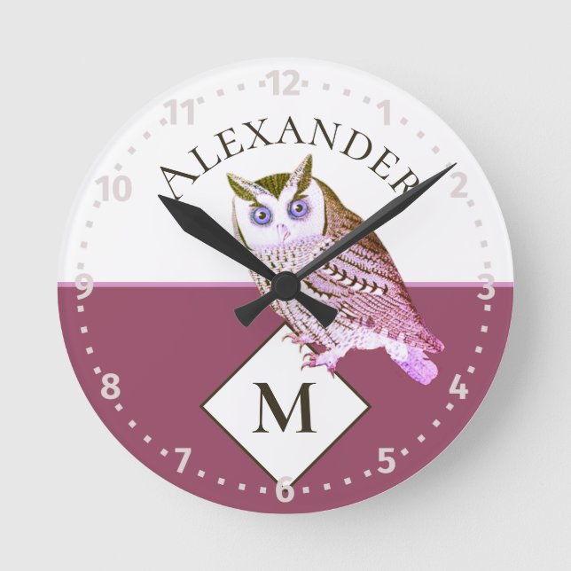Reloj Redondo Mediano Mauve Pink Owl Monograma  (Anverso)