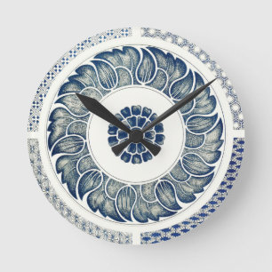 Reloj Redondo Mediano Medallón Chino: Chinoiserie Azul Índigo