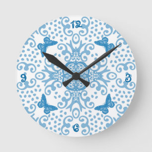 Reloj Redondo Mediano Medallón de mariposa azul/blanca numerado
