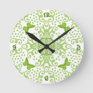 Reloj Redondo Mediano Medallón de mariposa verde 'n blanco numerado
