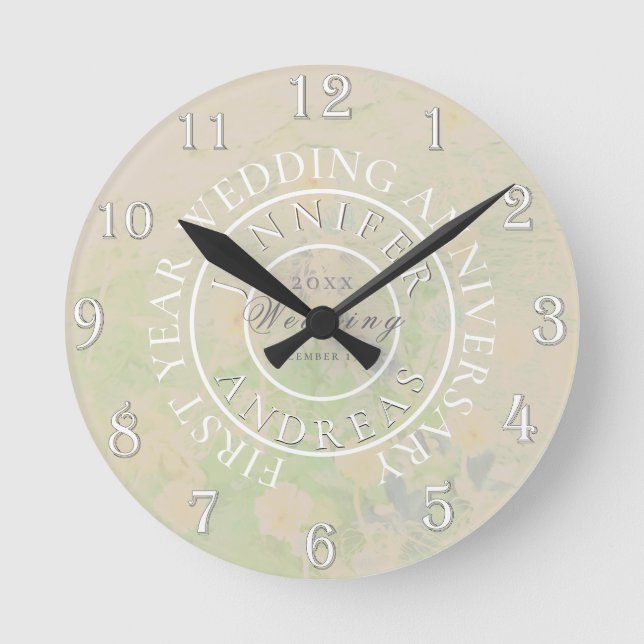 Reloj Redondo Mediano Medallón TaupeFloral Primer año Boda Aniversario (Anverso)