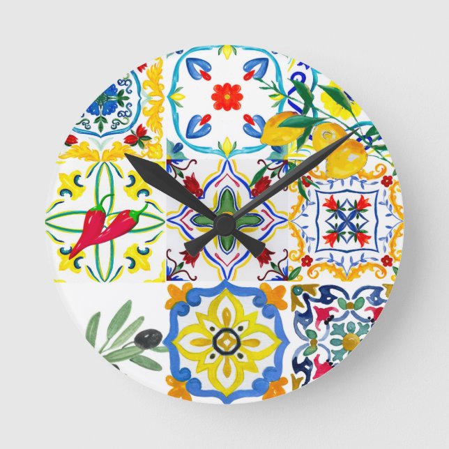 Reloj Redondo Mediano Mediterranean tiles,olives,chilli peppers,lemons  (Anverso)