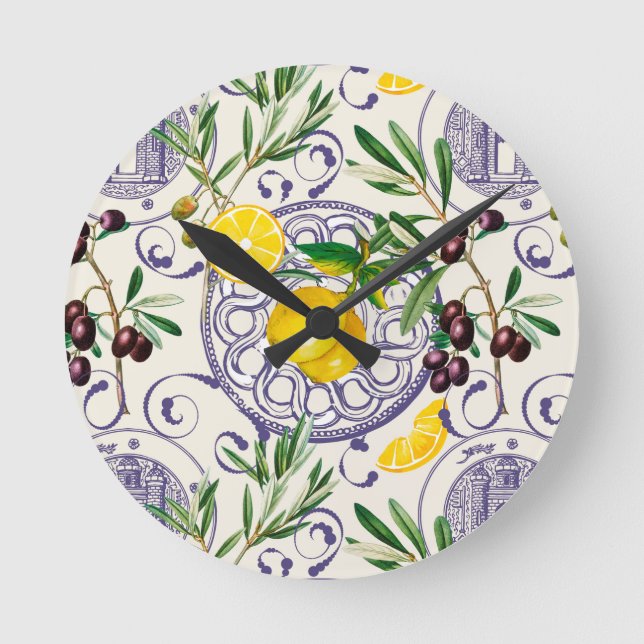 Reloj Redondo Mediano Mediterráneo, estilo toscano, aceitunas, patrón    (Anverso)
