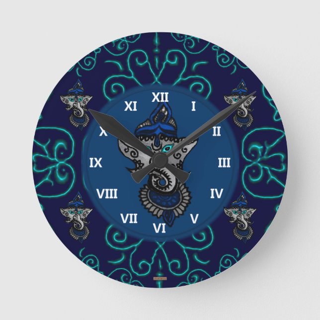 Reloj Redondo Mediano Mehndi Ganesha (Azul) (Anverso)