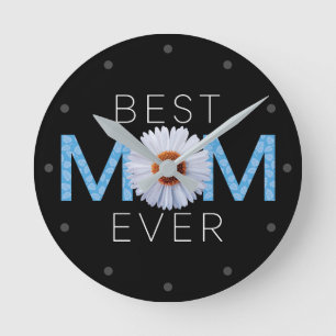 Reloj Redondo Mediano Mejor Mamá Con Imagen Daisy Impresión (Azul V2)