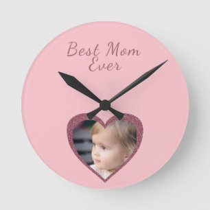 Reloj Redondo Mediano Mejor Mamá Corazones Rosados Foto Personalizada de