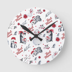 Reloj Redondo Mediano Mejor patrón de Navidades de mamá de pingüino
