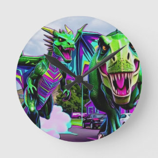 Reloj Redondo Mediano Mejores amigos: dragón y dinosaurio caminando