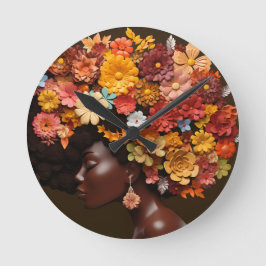 Reloj Redondo Mediano Melanin Mujer Reina Negra Flor Floral 3D Afro
