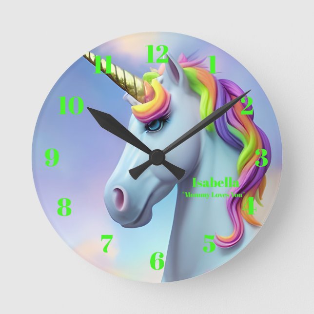 Reloj Redondo Mediano Mensaje personalizado de unicornio verde lindo neó (Anverso)