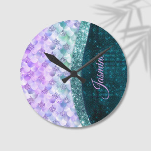 Reloj Redondo Mediano Mermaid skin teal silver faux glitter monogram