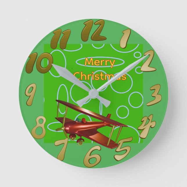 Reloj Redondo Mediano Merry Christmas Red Bi-plane on Green Circles (Anverso)