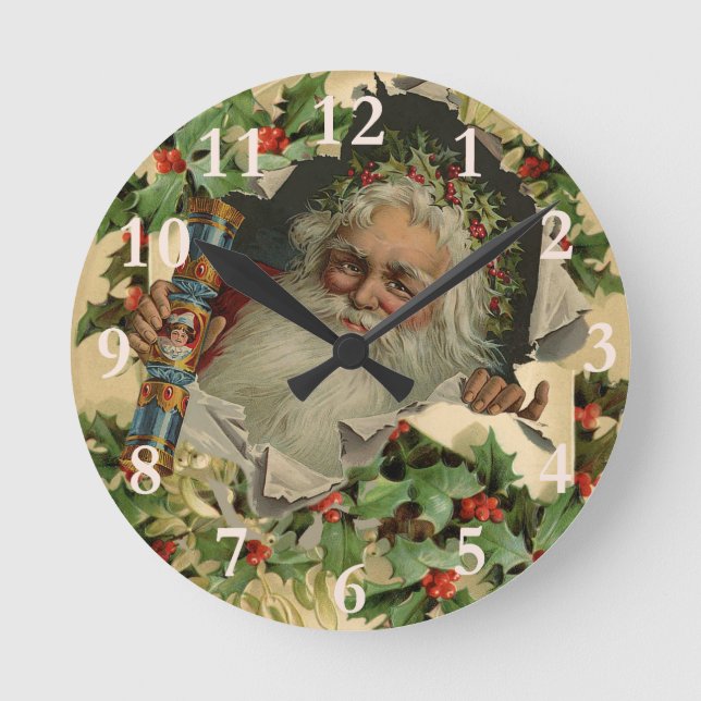 Reloj Redondo Mediano Merry Christmas Santa Claus Holly (Anverso)