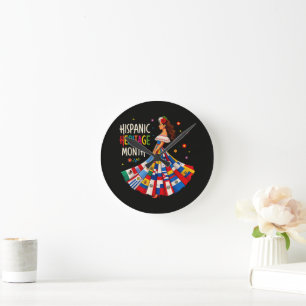Reloj Redondo Mediano Mes de la Herencia Hispana Banderas de Países Lati