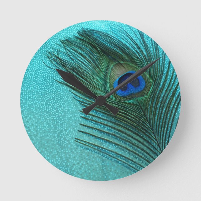 Reloj Redondo Mediano Metallic Aqua Blue Peacock Feather (Anverso)