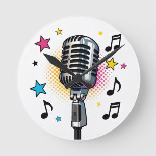 Reloj Redondo Mediano Micrófono pop con estrellas coloridas y notas musi