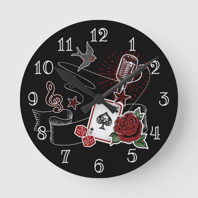 Reloj Redondo Mediano Micrófono Rockabilly Rock & Roll Music Tattoo (Anverso)