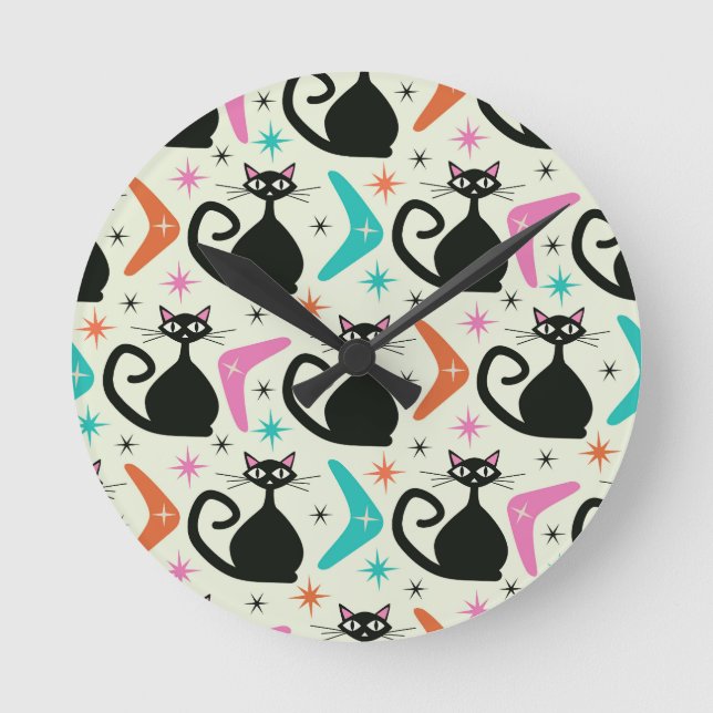 Reloj Redondo Mediano Mid Century Black Atomic Cats with Boomerangs  (Anverso)