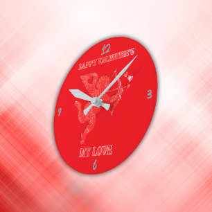 Reloj Redondo Mediano Minimalista Feliz San Valentín mi amor en rojo