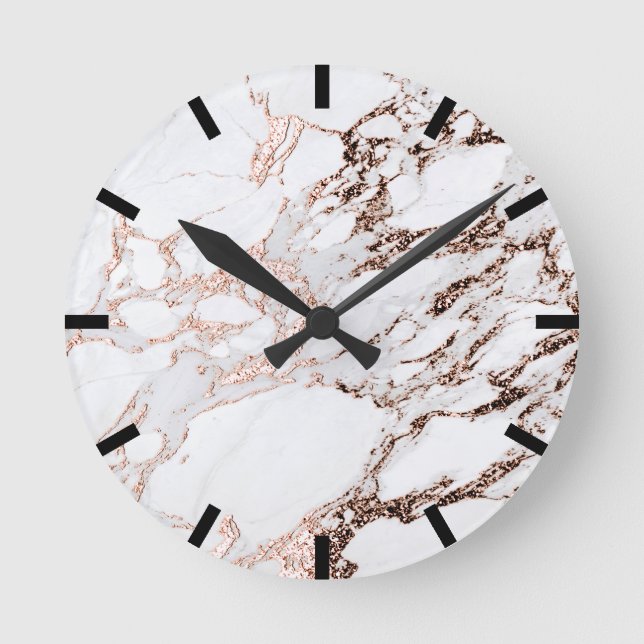 Reloj Redondo Mediano Mínimo de cobre de mármol Rosa de oro blanco negro (Anverso)