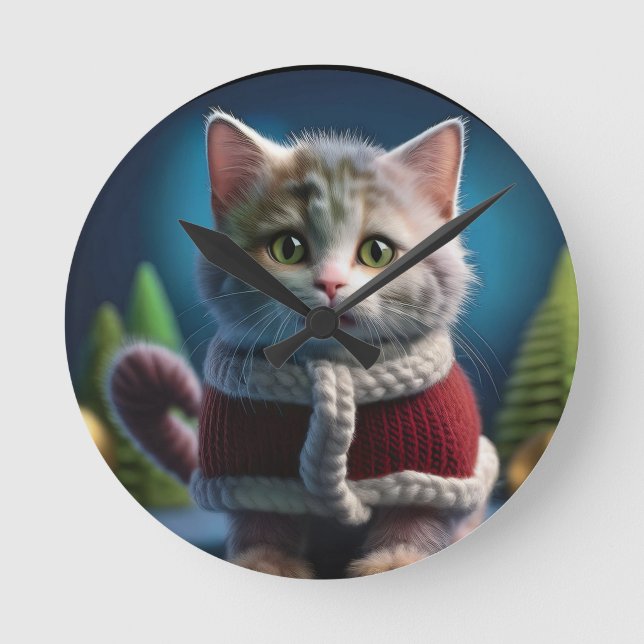 Reloj Redondo Mediano Minskin Kitten En Un Equipo De Navidades (Anverso)